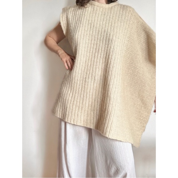 VINTAGE MOHAIR WOOL KNIT PONCHO SLEEVELESS TUNIC SWEATER SAND BEIGE NATURAL M-XL - Picture 2 of 10